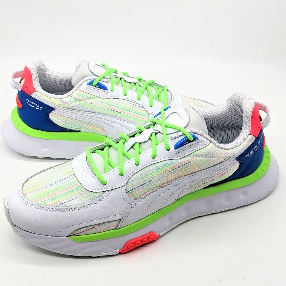 Puma Wild Rider Spectra White Neon Green, Blue Sneakers Men's Size 11 382874-01
